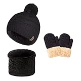 Kids Winter Beanie Hat Toddler Gloves Girls Boys Scarf Baby Mittens Neck Warmer Warm Fleece Pom Cap Black Thermal Knit Set 1-5 Years Old, Gorros Gorras Bufandas Para Niñas Niños, Gifts for Childrens
