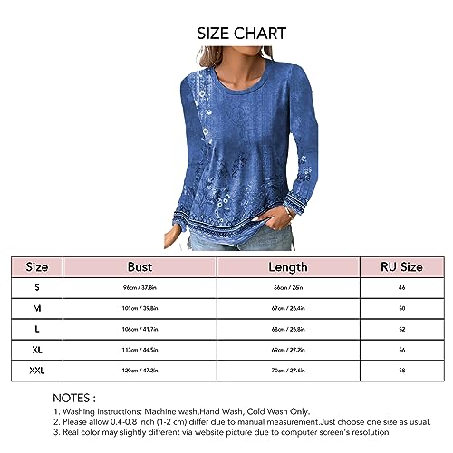 Túnica feminina com gola redonda, manga boho, floral, casual, caimento justo, Azul, P