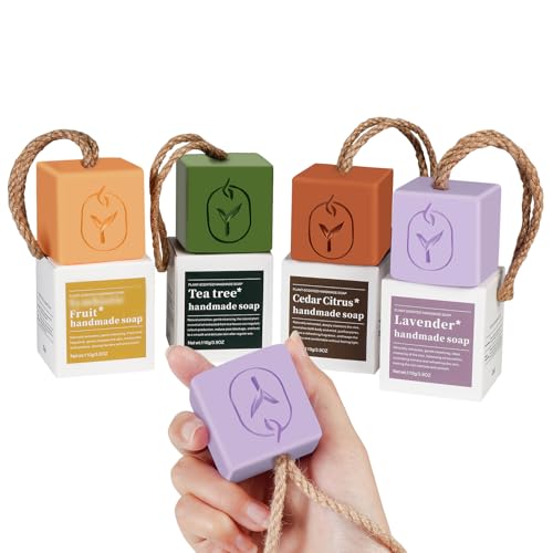 obecilc Soap on a Rope 4 Pack Square Hand & Body Soap Bars with Hanging Loop 4.5 oz Each Soap on a Rope for Men Women & Kids Family-Friendly Hanging Soap Set