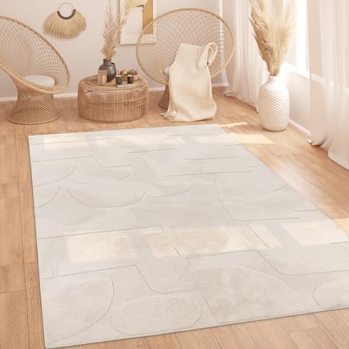 Paco Home Alfombra Salon De Habitacion Pelo Largo Motivo Nordica Motivo Boho Chic Motivo Abstract Lisa Lavable Beige Crema,...