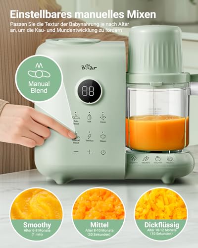 Bear 6-in-1 Dampfgarer mit Mixer Premium Babynahrungszubereiter,Dämpfen, automatisches Rühren, Milcherwärmung, Desinfektion, Selbstreinigungsfunktion, Automatische Reinigungsfunktion, BPA-frei