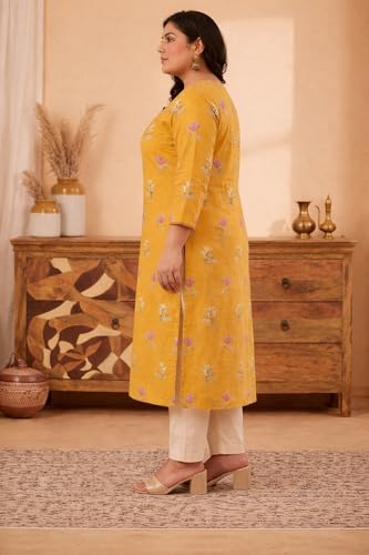 Image of Mustard Yellow Pure Cotton Floral Printed Straight Kurti for Women | Comfortable Ethnic Kurta | 3 /4 Sleeve Round Neck Plus Size Kurti