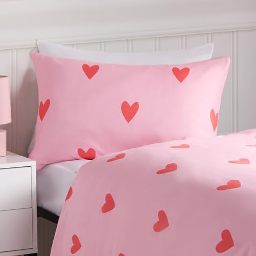 OHS Single Bedding Set Gingham Heart Reversible Ultra Soft Cosy Fabric Classic Gingham Heart Pattern Luxury Quilt Single Duvet Set with Pillowcase Coral/Pink