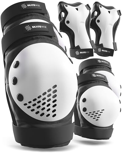 Image of SKATEWIZ Kids Knee Pads and Elbow Pads Set - Wrist Guards for Skateboarding - Smash - Size S Black White - Skating Protective Gear, Roller Skates, Skateboard - Ice Skating Kids