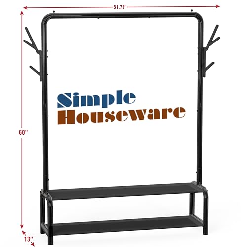 Simple Houseware Garment Rack with Storage Shelves and Coat/Hat Hanging Hooks