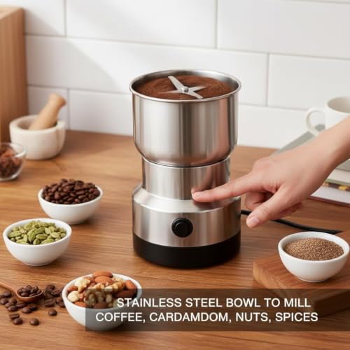 Image of Nima Electric Coffee & Spice Grinder 150W, Stainless Steel Mini Mixer Grinder for Dry Masala, Coffee Beans, Nuts, Seeds & Herbs, Multipurpose Portable Kitchen Grinder, Silver