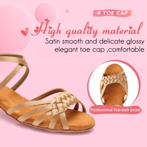 YKXLM Girls Latin Dance Shoes Kids Low Heels Tango Salsa Ballroom Practice Dance Shoes, 1208,Beige, 6 M Little Kid2