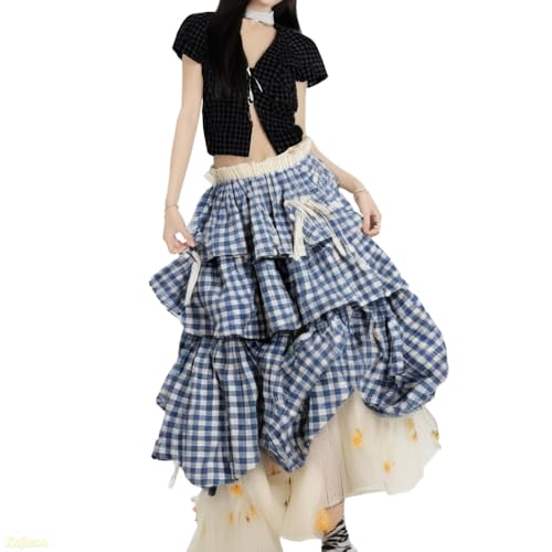 Y2k Vintage Plaid Patchwork Tiered Skirt 3D Satin Bow Layered