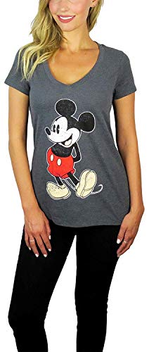 Disney Womens Mickey Mouse Stand V-Neck Tee Charcoal (Charcoal, Large)