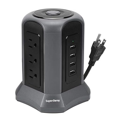 Surge Protector Power Strip Tower 10ft Extension Cord 4 USB Port 9 Outlet Desktop Charging Station 1080J Adjustable Voltage 110-240V Multiple Plug Fire Proof or PC Laptop Phone Office SUPERDANNY