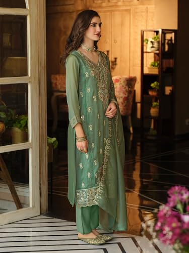 Image of INDO ERA Women's Straight Organza Ethnic Motifs Embroidered Kurta & Pant With Dupatta Set (KH9YL10613)