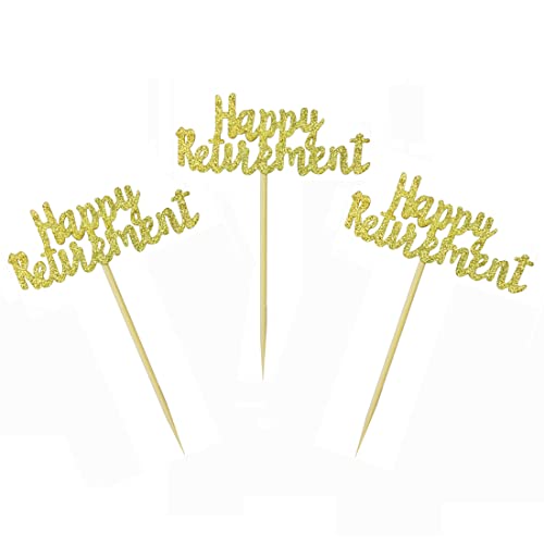 Morndew 24 Pcs Gold Glitter Happy Retirement Cupcake Toppers For Retirement Party Sign-Going Away Party Farewell Party Office Work Party Decoration Supplies #TOP3
