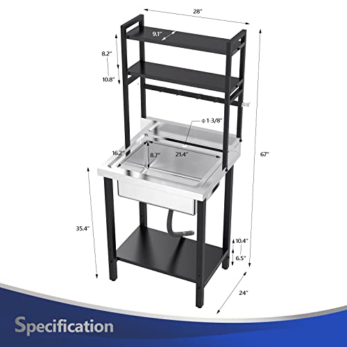 Image of VINGLI 67 inchH Commercial Sink 304 Stainless Steel Sink with Adjustable Shelves and Hanging Rod with Hooks, Freestanding Utility Sink for Restaurant Kitchen Laundry Room Garage, Bowl Size 21 inchWx16 inchDx9 inchH