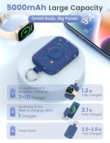 Image of RORRY CharmGo Portable Charger, 5000mAh Portable Charger Power Bank with Built-in Cables, Travel Keychain Battery Pack for Apple Watch and iPhone Air /17 /16 /15 /14 /13 /12, Confetti-Deepblue