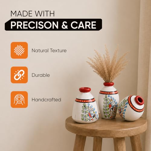 Image of Aakriti Art Creations Vase Earthen Miniatures Silver Madhubani Set of 3 | Hand-Painted Terracotta Flower Vases | Matte Finish Decorative Vases for Living Room, Table Decor & Gifting