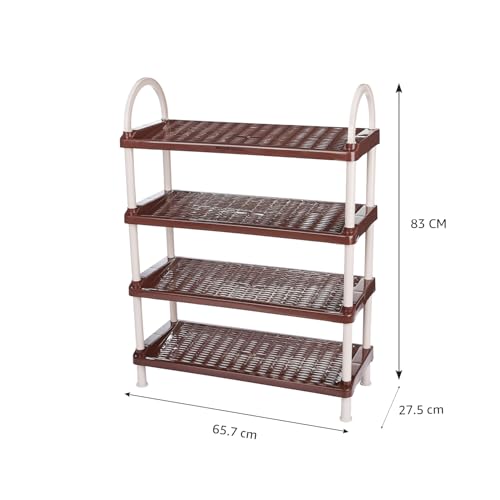 Image of Amazon Basics Multipurpose Plastic Shoe Rack | Durable, Space-Saving & Easy to Assemble Organizer | Brown (Large, 65.7 cm x 27.5 cm x 83 cm)