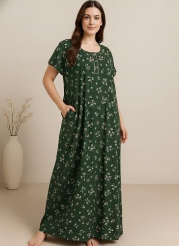 Image of Bahumaan Pure Cotton Nighty for Woman | Floral Gown for Women Nightwear with Pocket | Cotton Nighty for Women Stylish | Maxi for Women Cotton