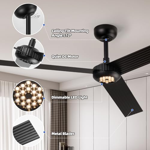 Image of TALOYA 52 inch Modern Ceiling Fan with Lights,Remote Control,3 Metal Blades,Black Finish,6-Speed,Dimmable, Noiseless Reversible DC Motor,Indoor /Outdoor Ceiling Fan for Living Room Bedroom patio