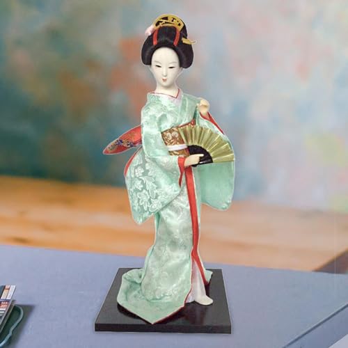 JISADER 12\" Japanese Geisha Lady Statuette Ornament Collectible Traditional Kimono Dolls Ethnic Japanese Geisha Dolls for Home Table, Light Green