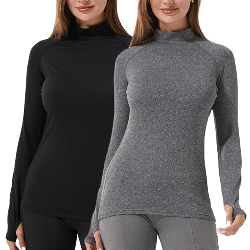 YUSHOW Lot de 2 maillots de corps thermiques à manches longues pour femme - Avec demi-col roulé - Thumbhole - T-shirt de compression - Sous-vêtements chauds - T-shirt fonctionnel, Noir + gris., L
