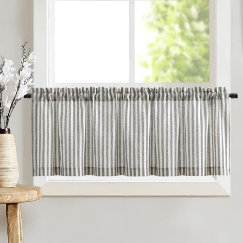 TOPICK Scheibengardinen Streifen Bistrogardine Küchengardinen Leinen 40x125 | 1 Stück Schwarz auf Beige gestreifte Fenstergardinen Küche Gardinen kurz Wohnzimmer Leinenoptik blickd
