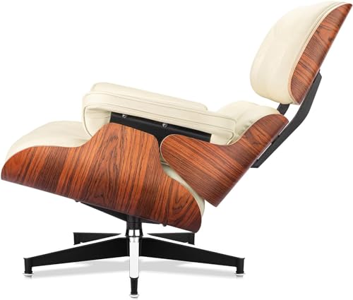 Image of Top Cream White Grain Leather, Mid Century Chaise Lounge Chair and Ottoman, Modern Chair Classic Design, Palisander Wood, Heavy Duty Base Support for Living Room Office