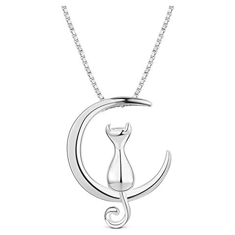 SHEGRACE 925 Sterling Silver Cat Necklace Cat on Moon Pendant Necklace Jewellery Gifts for Women,Silver Cover