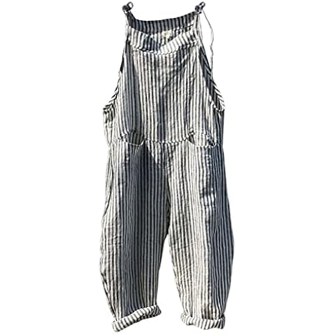 CHARTOU Women Oversized Summer Casual Stripes Cargo Jumpsuit Wide Leg Bib Overall Striped Linen Pants Dungarees Pocket (XX-Large,Grey stripe) Cover