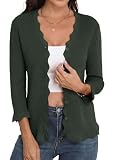 GRECERELLE Jersey de mujer con cuello en V, ligero, cárdigan con mangas 3/4 onduladas, con volantes, jersey casual de punto suave, elegante, ropa de exterior, Ejercito Verde, M