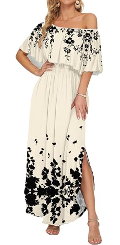 Image of AUSELILY Womens Off Shoulder Ruffle Split Summer Maxi Dresses with Pockets | Off-shoulder Ruffle dress with empire waist & side split for summer beach and casual parties