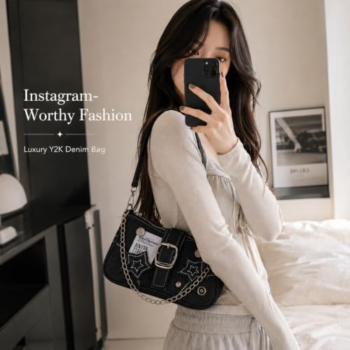 Image of Kawn Denim Shoulder Bag for Women, Canvas Aesthetic Crossbody Bag, Lightweight Hobo Handbags, Retro Messenger Bag for Teen Girls, Casual Style Jeans Purse for everyday Use with Zipper Pockets