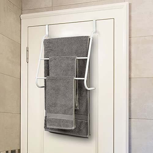 Mygift Modern White Metal 3-Tiered Bars Over-The-Door Bath Towel Holder And Clothing Hanger, Space Saving Bathroom Storage Door Hanging Drying Rack #TOP2