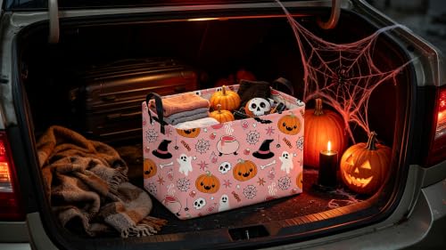 Image of Sanjiaofeng Rectangular Pink Halloween Horror Ghost Storage Basket,Scary Pumpkin Basket,Halloweens Party Baskets,Halloween Candy Storage Baskets with Handles(Smiley Pumpkin)