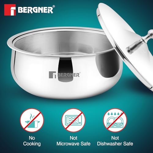 Image of Bergner Vienna Stainless Steel Hot Pot, 19cm /1L Double Walled Serving Casserole with PU Insulated Stainless Steel Lid, Chapati Box, Cast Steel Knob, Food Grade, Keeps Food Hot for Long Hours
