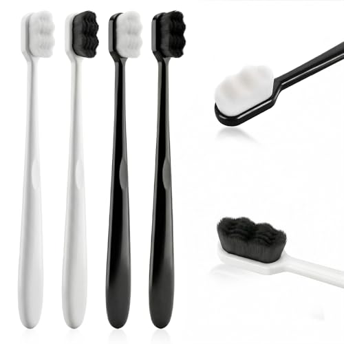 ElevateTech Extra Soft Toothbrush 4 Pcs Micro Nano Toothbrushes with 10000 Ultra Soft Floss Black Wave Bristles Manual Toothbrush for Adults Kids Sensitive (Black White)