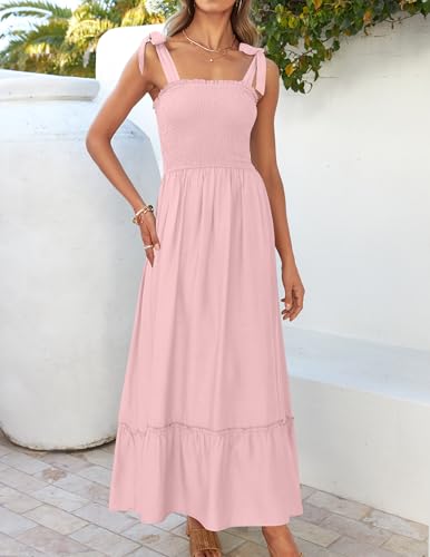 ZESICA Women's 2024 Summer Boho Spaghetti Strap Square Neck Solid Color Ruffle A Line Beach Long Maxi Dress,Pink,Small