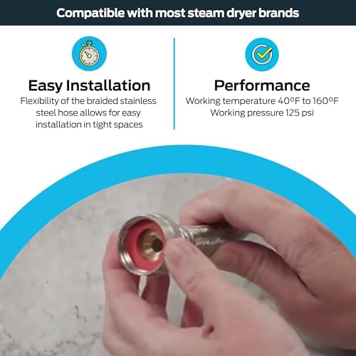 Eastman Steam Dryer Adapter Hose, 3/4 Inch F.I.P x 3/4 Inch F.I.P Connectors, 1 ft Braided Stainless Steel Hose, 41021