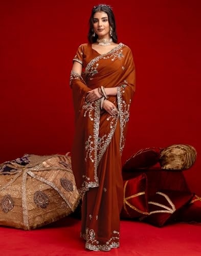 Image of SIRIL Women's Georgette Embroidery Saree With Unstitched Blouse