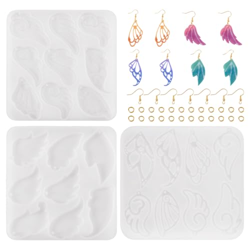 PandaHall - 3 moldes de silicona con alas de mariposa, alas de ángel de hadas, moldes de resina con ganchos para aretes, anillos de salto para hacer aretes de resina epoxi UV