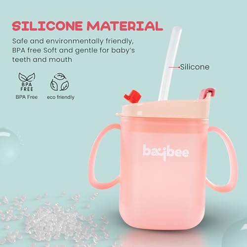 Image of BAYBEE Hazzy 2 in 1 280ml Baby Sipper Bottle for Kids, Drinking Training Anti Spill Sippy Cup with Silicone Straw, Spill Proof & Non-Slip Twin Handles | Spout Sipper Cup for Infants 6+ Months (Pink)