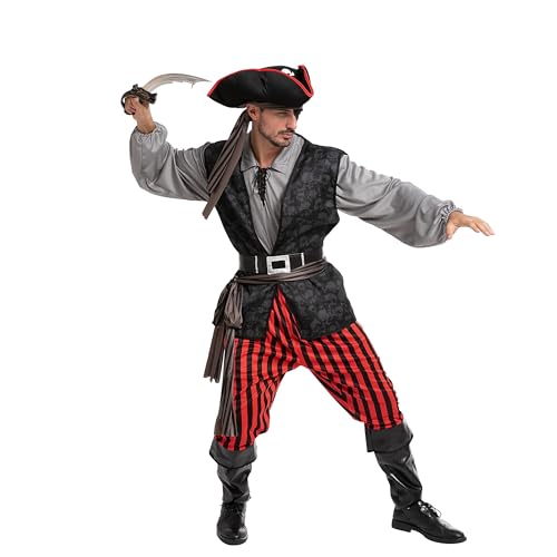 Spooktacular Creations Men Pirate Costume, Adult Pirate Shirt Vest Viking Pants Hat Set for Halloween Themed Parties3