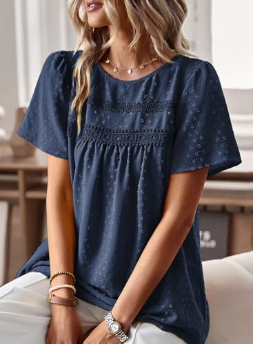 Image of Falechay Womens Summer Tops Crewneck Short Sleeve Shirts Casual Chiffon Blouses Flowy Lace Hem Boho Clothing Trendy 2026