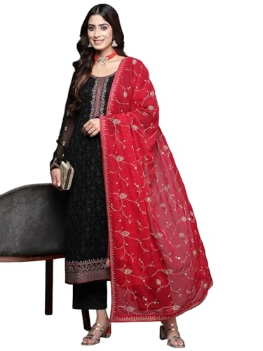 Image of Libas Embroidered Georgette Straight Kurta With Trouser and Dupatta