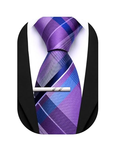 Image of Barry.Wang Plaid Ties Mens Silk Necktie and Tie Clip Checkered Tie for Wedding Party Business Formal