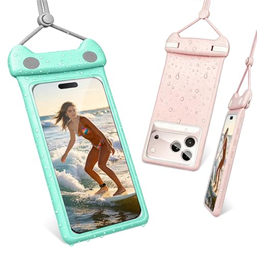 wellhouse Waterproof Phone Pouch, Waterproof Phone Case for iPhone17 16 15 14 Pro Max XS Samsung, IPX8 3D Cellphone Dry Bag Beach Essentials -2 Pack Meow Green & Pink 7.0