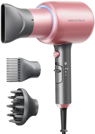 Wavytalk Hair Dryer, Blown Away Ionic Hair Dryer for Curly Hair with Diffuser, 1875W Fast Drying Blow Dryer with Ceramic Technology, 3 Attachments for All Hair Types, Light and Quiet, Rose Gold