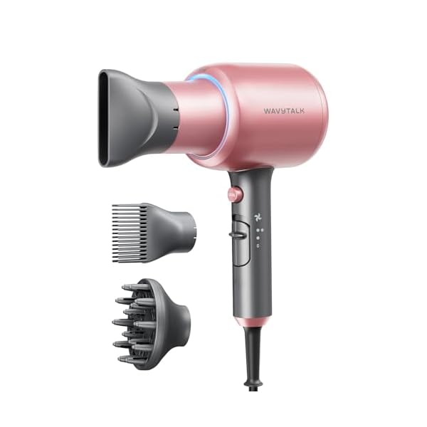 Wavytalk Hair Dryer, Blown Away Ionic Hair Dryer for Curly Hair with Diffuser, 1875W Fast Drying Blow Dryer with Ceramic Technology, 3 Attachments for All Hair Types, Light and Quiet, Rose Gold