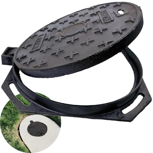 16 In Cast Iron Manhole Cover and Frame for 15" Corrugated Pipe, B Class 28100 lbs Heavy-Duty Driveway Septic Tank Lid with Base, Round Black Anti-Slip Inspection Well Cover (True 15.8" ID)
