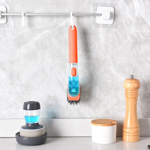 Image of dishwashing Brush with Handle, Scratch-Free dishwashing Brush, Plate Brush, soap Dispenser, Kitchen Tableware, Pot, Sink Cleaning Set (Orange)