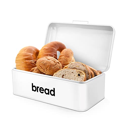 Teamfar Bread Box, White Metal Bread Box For Kitchen Countertop, Food Storage Container Bread Bin For Loaves/Pastries, Lifted Cover & Large Capacity, Modern Design & Durable, (16.5’’ X 9’’ X 6.3’’) #TOP15